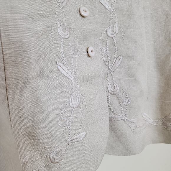 Emma James Embroidered Linen Blazer Jacket Beige Scalloped Cuff Edges Size 16 - Picture 4 of 9